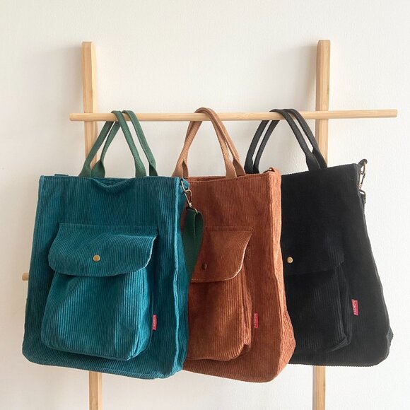 Corduroy Tote Bag with magnetic closure| Retro tote bag | Cute Tote Bag Capsule - Picture 3 of 15